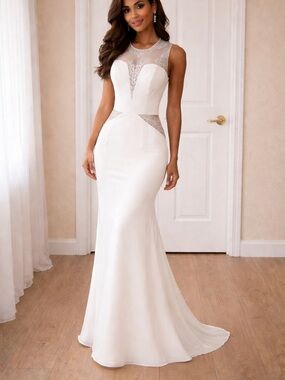 Camille Le Vie Elegant White Lace-Trim Train Gown 8